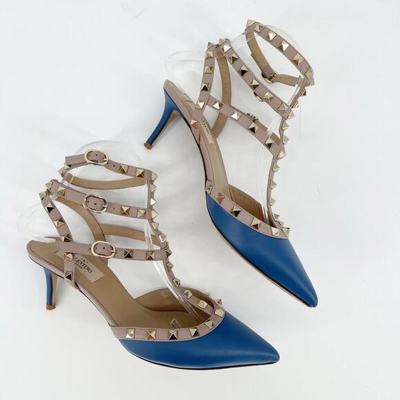 Valentino Garavani Blue Leather Rockstud Caged Pointed Toe Heel size EU 38.5 - Picture 3 of 12